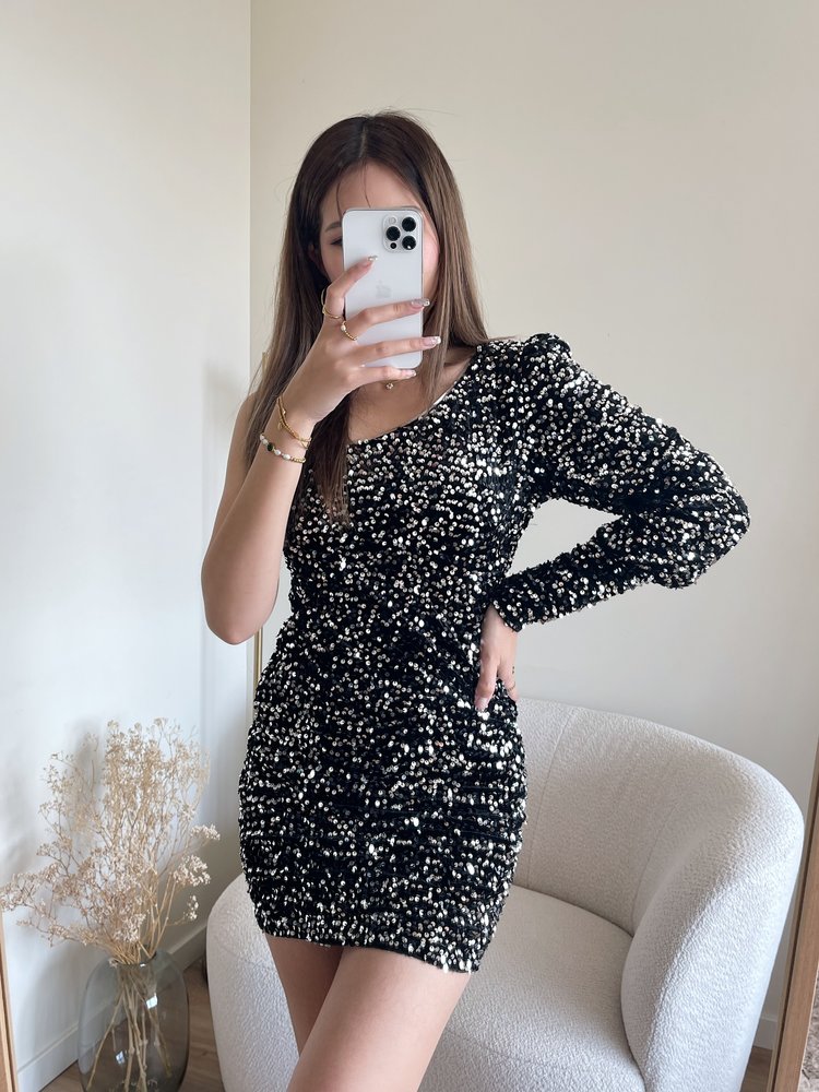 Khloe Sequin One Shoulder Dress / Silver