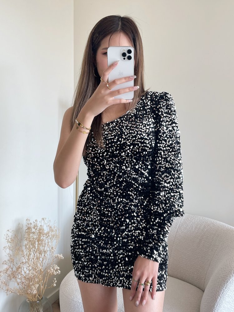 Khloe Sequin One Shoulder Dress / Silver