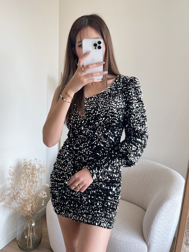 Khloe Sequin One Shoulder Dress / Silver