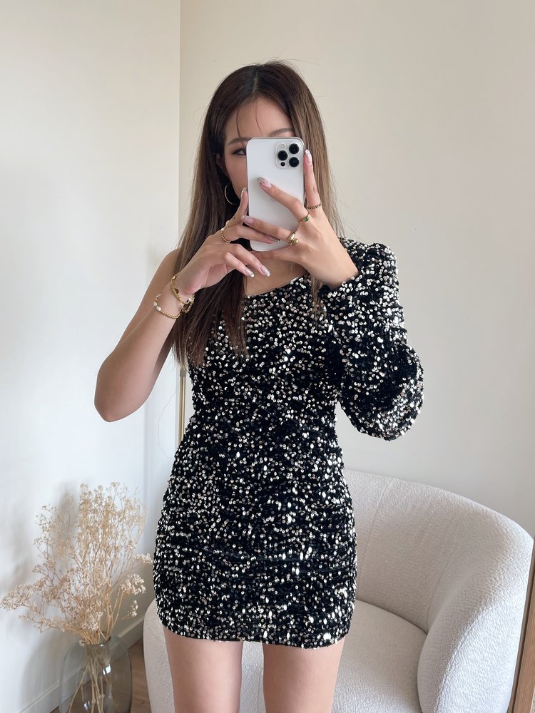 Khloe Sequin One Shoulder Dress / Silver