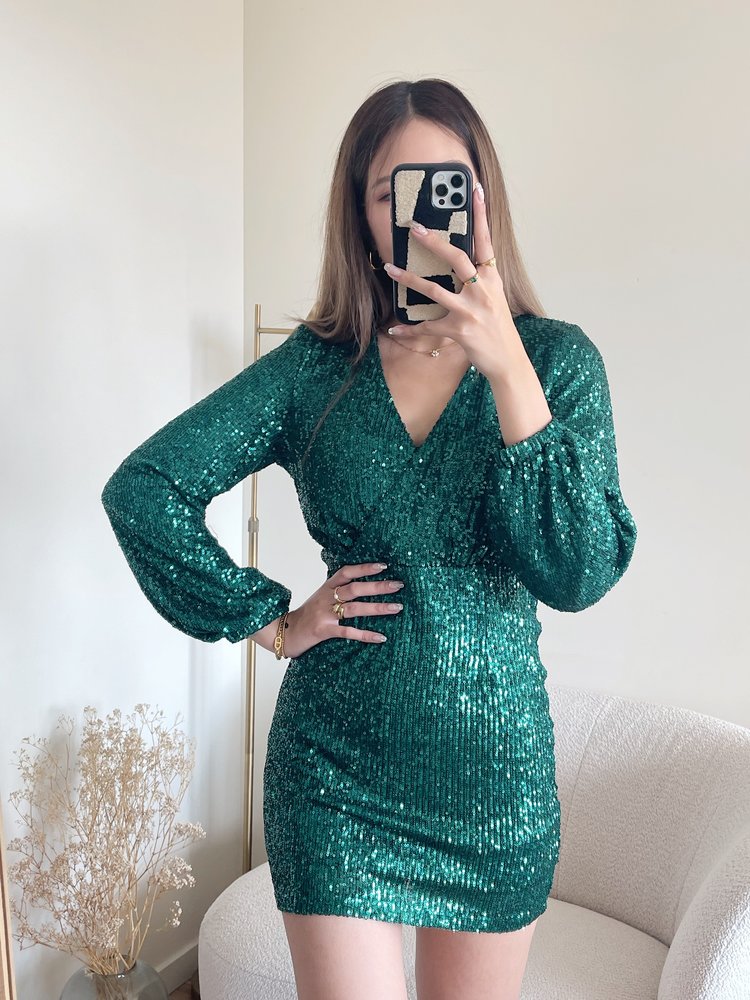 Cassie Sequin Dress / Dark Green