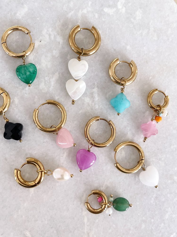 Gold Heart Beads Earrings / Purple