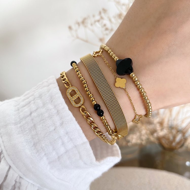 Gold Clover Beads Bracelet / Black