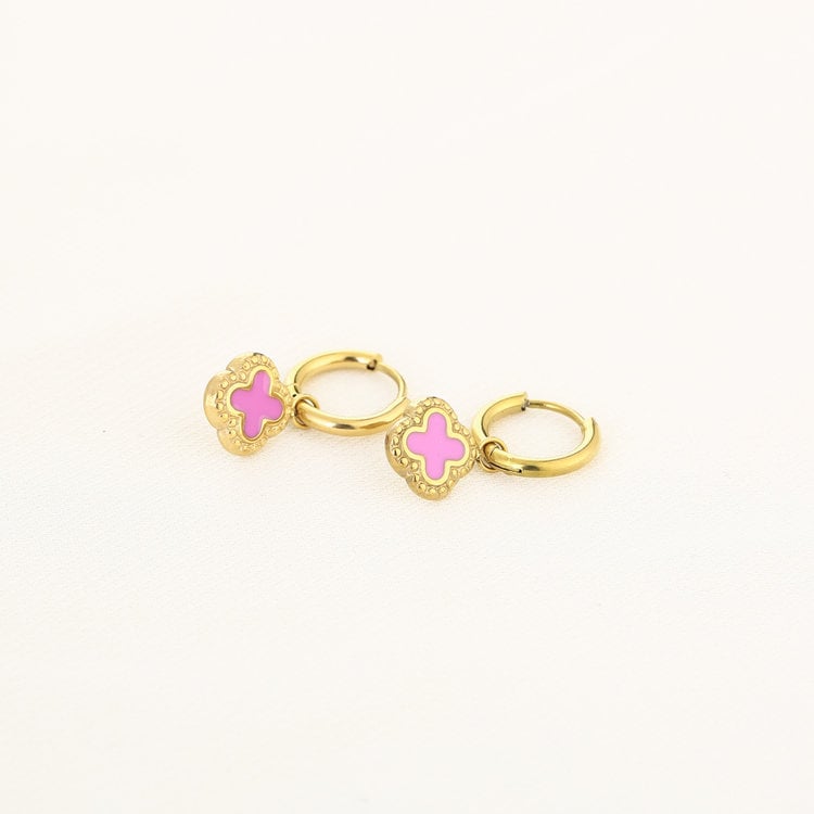 Gold Vintage Clover Earrings / Pink