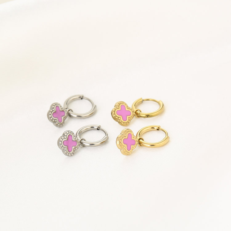 Gold Vintage Clover Earrings / Pink