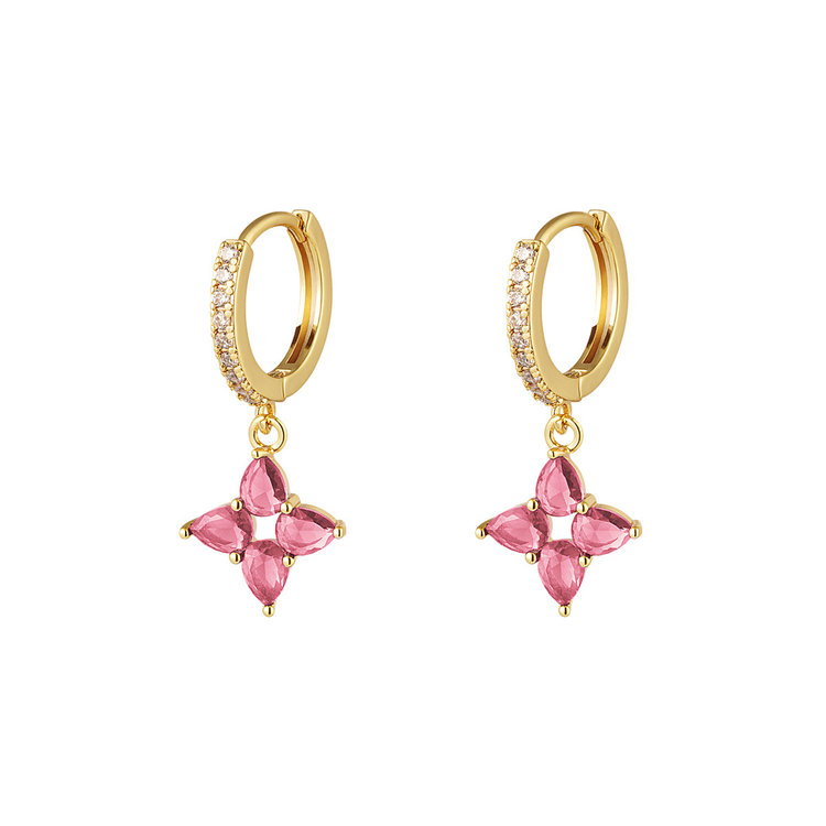 Gold Sparkling Clover Earrings / Fuchsia