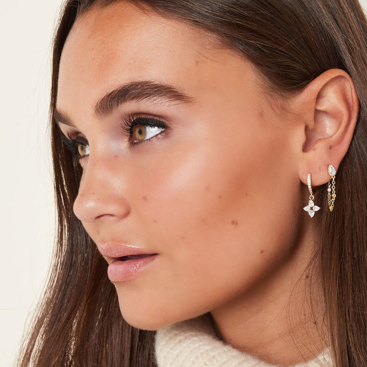 Gold Sparkling Clover Earrings / White