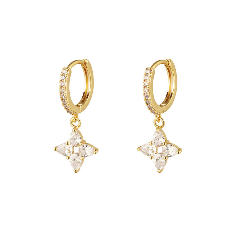Gold Sparkling Clover Earrings / White