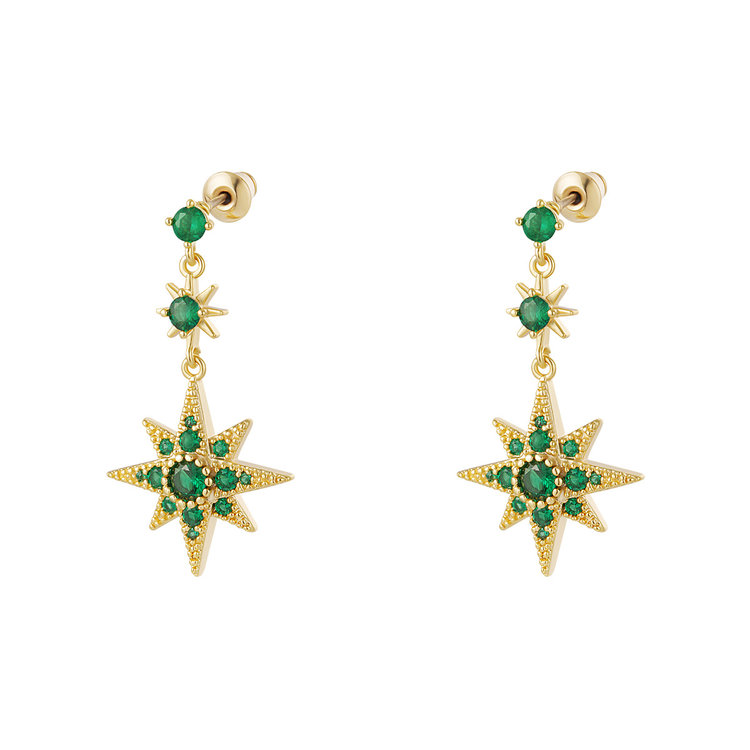 Gold Twinkle Stars Earrings / Green