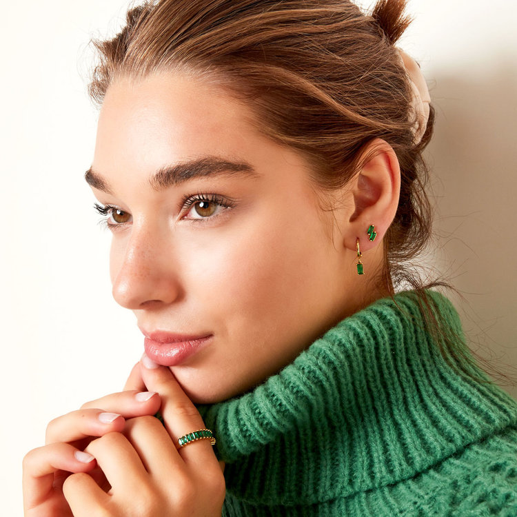 Gold Colored Stone Earrings / Green