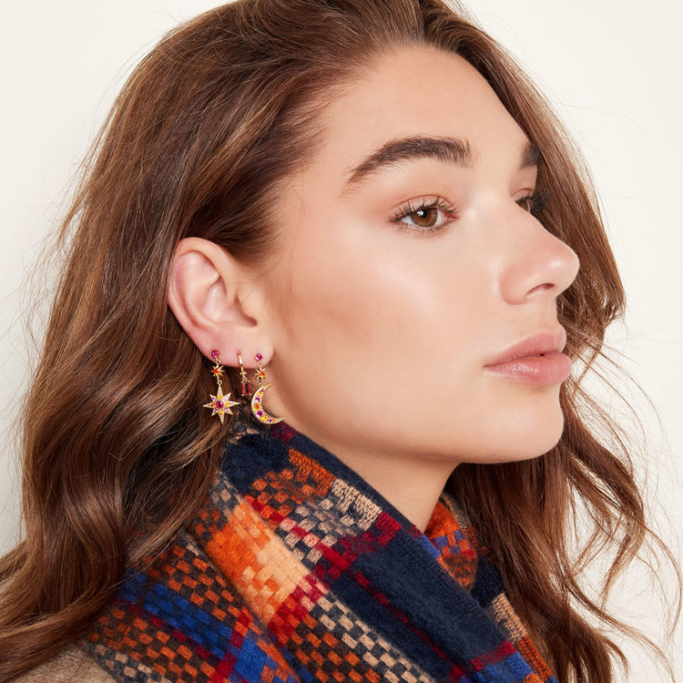 Gold Sparkly Moon & Star Earrings / White