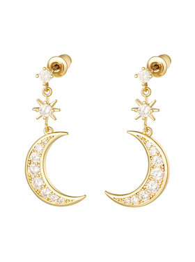 Gold Sparkly Moon & Star Earrings / White