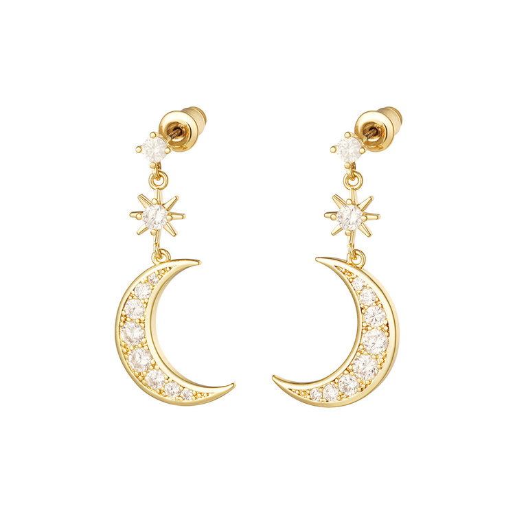 Gold Sparkly Moon & Star Earrings / White