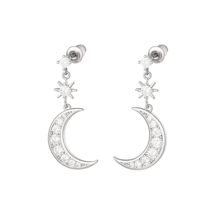 Silver Sparkly Moon & Star Earrings