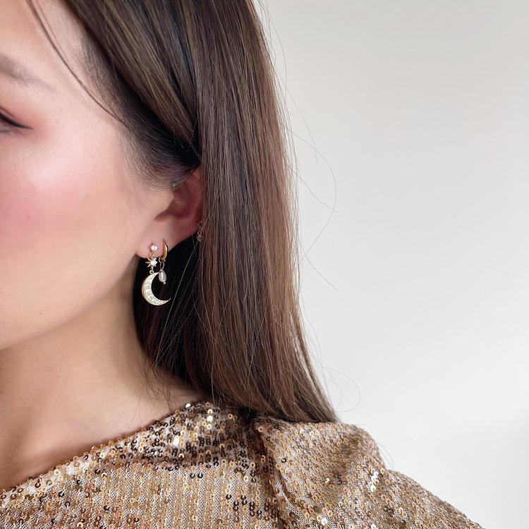 Gold Sparkly Moon & Star Earrings / White