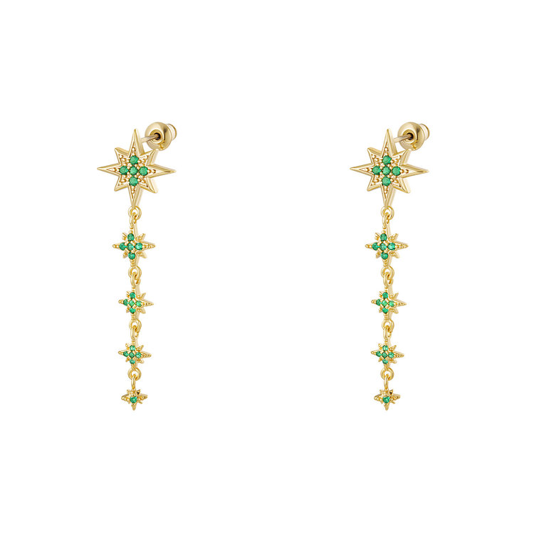 Gold Falling Stars Earrings / Green