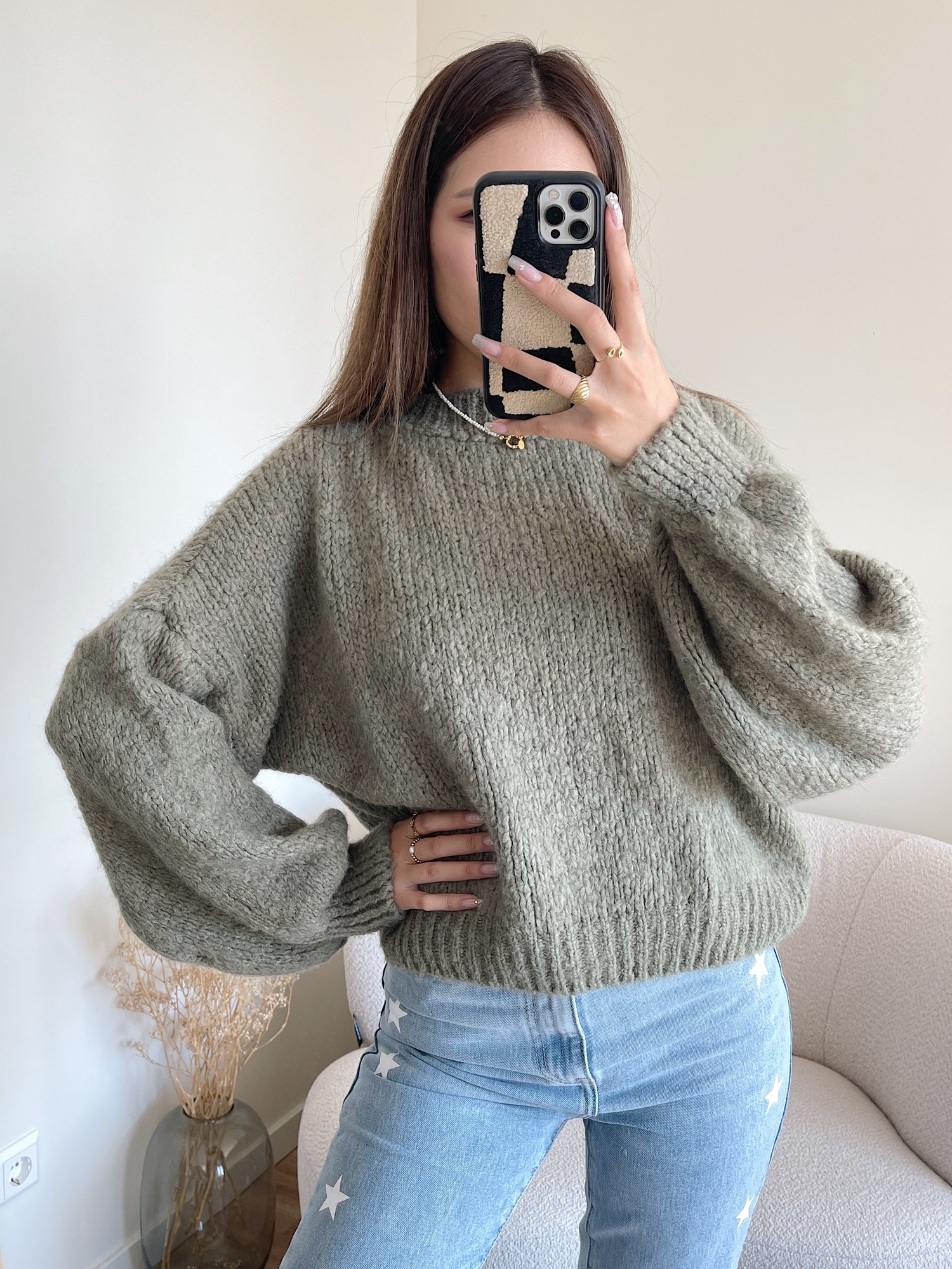 Olive Green Knit Woolen Long Sleeve Pullover Sweater main image 1