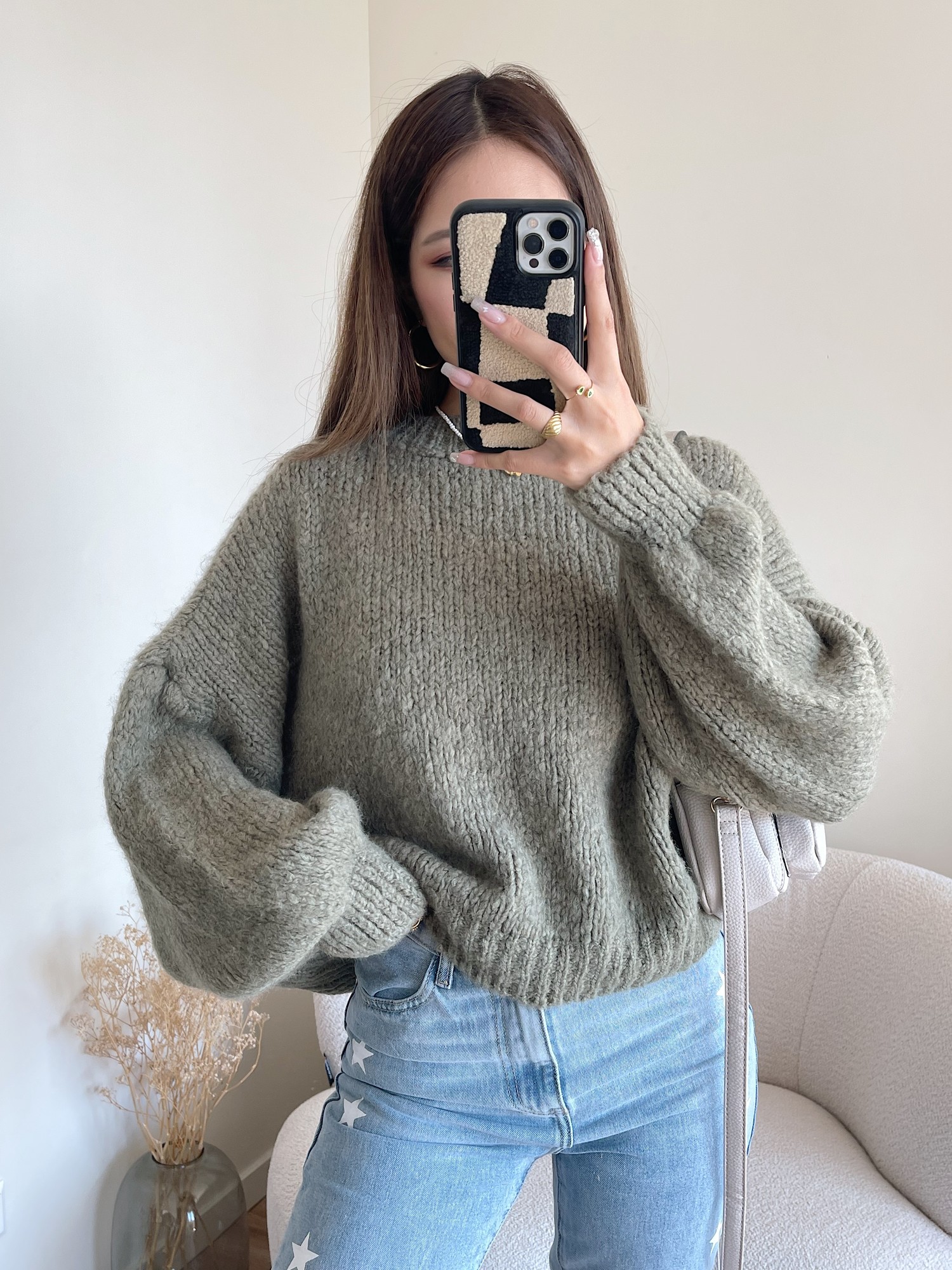 Olive Green Knit Sweater with Balloon Sleeve Length main image 0