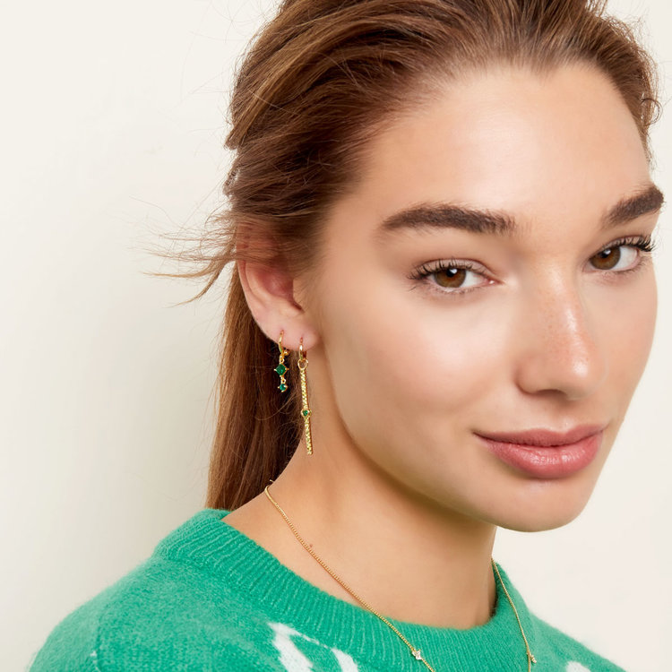 Gold Two Stone Earrings / Green