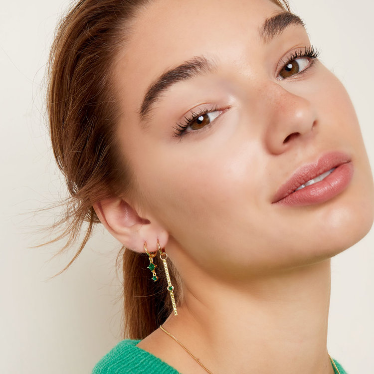 Gold Two Stone Earrings / Green