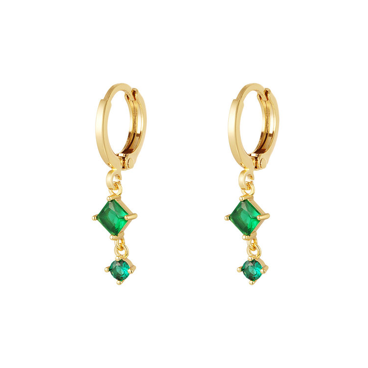 Gold Two Stone Earrings / Green