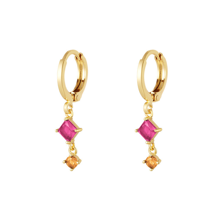 Gold Two Stone Earrings / Fuchsia