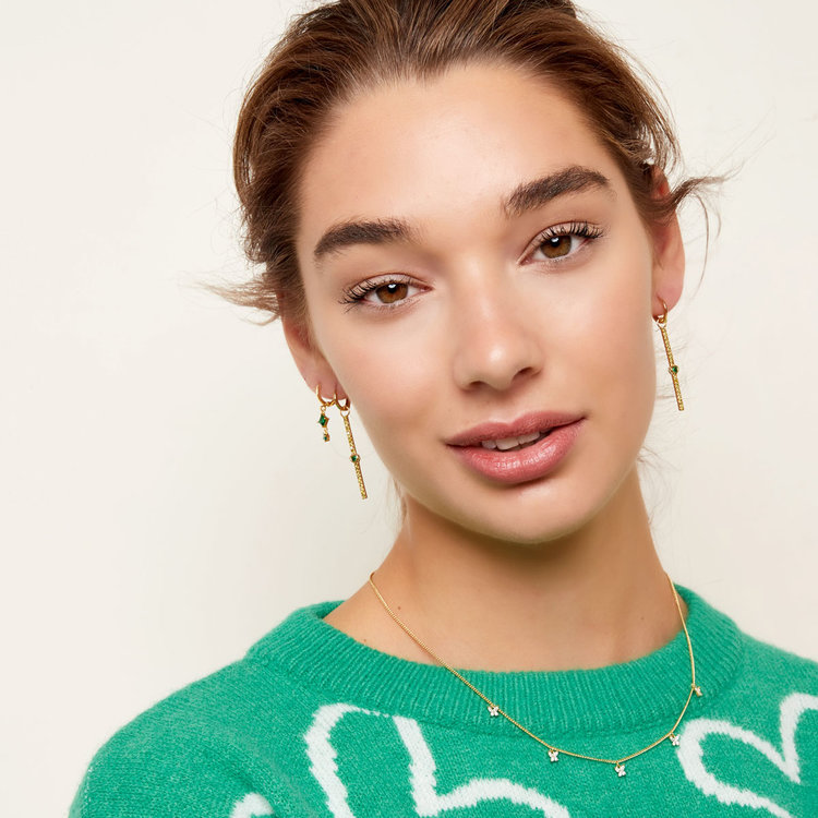 Gold Heart Rhinestone Bar Earrings / White