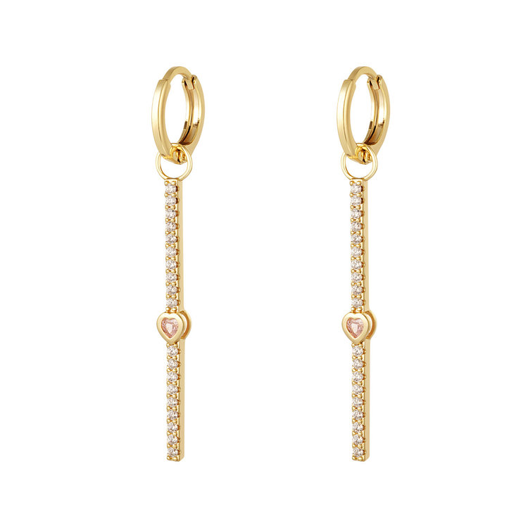 Gold Heart Rhinestone Bar Earrings / White