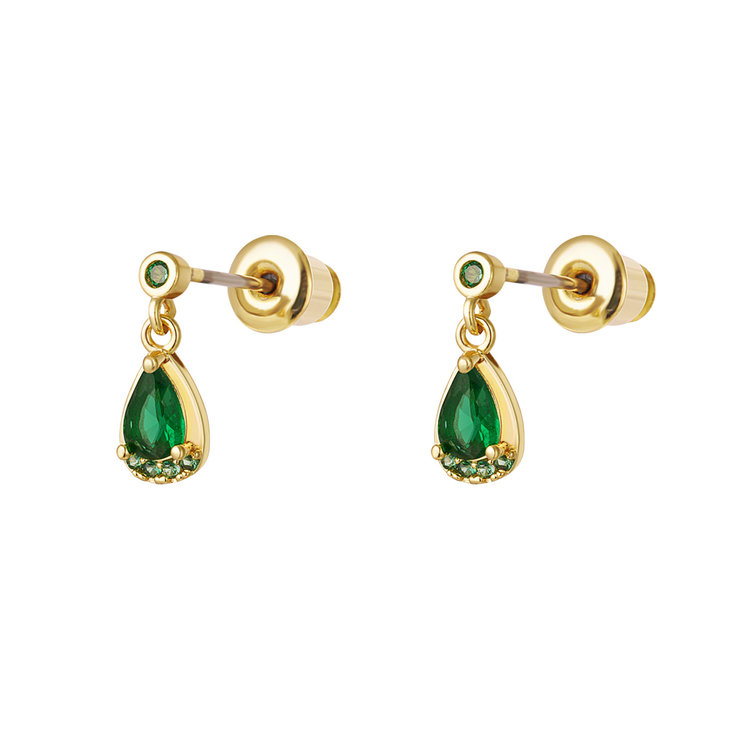 Gold Little Drop Studs / Green