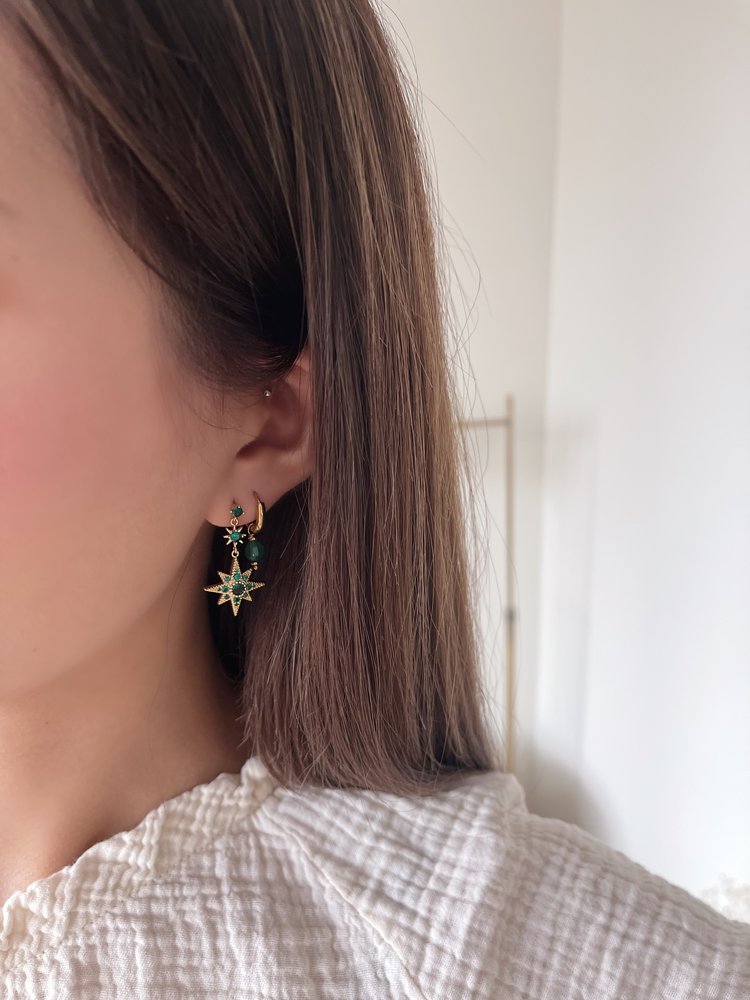 Gold Twinkle Stars Earrings / Green