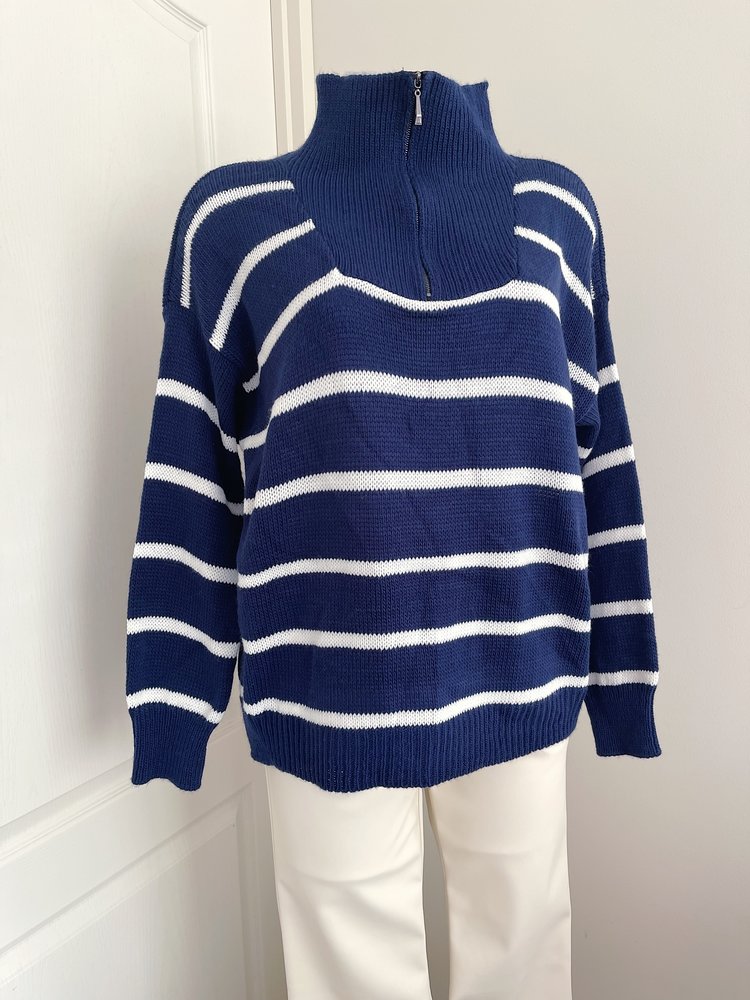Minni Striped Zip Sweater / Navy