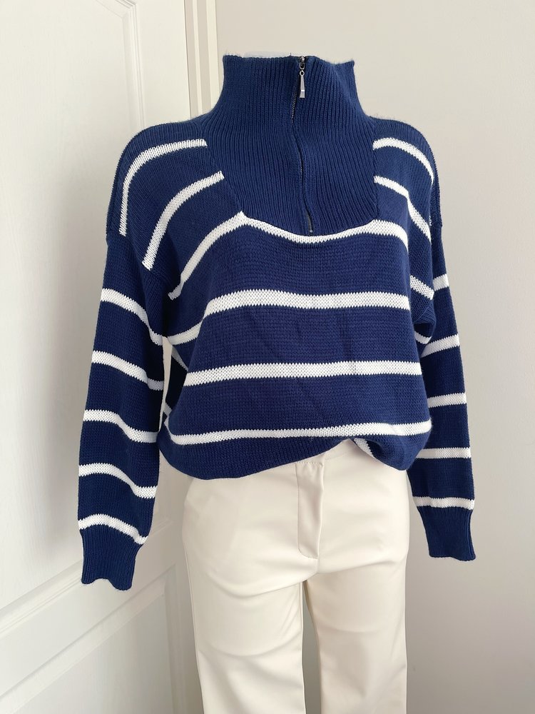 Minni Striped Zip Sweater / Navy