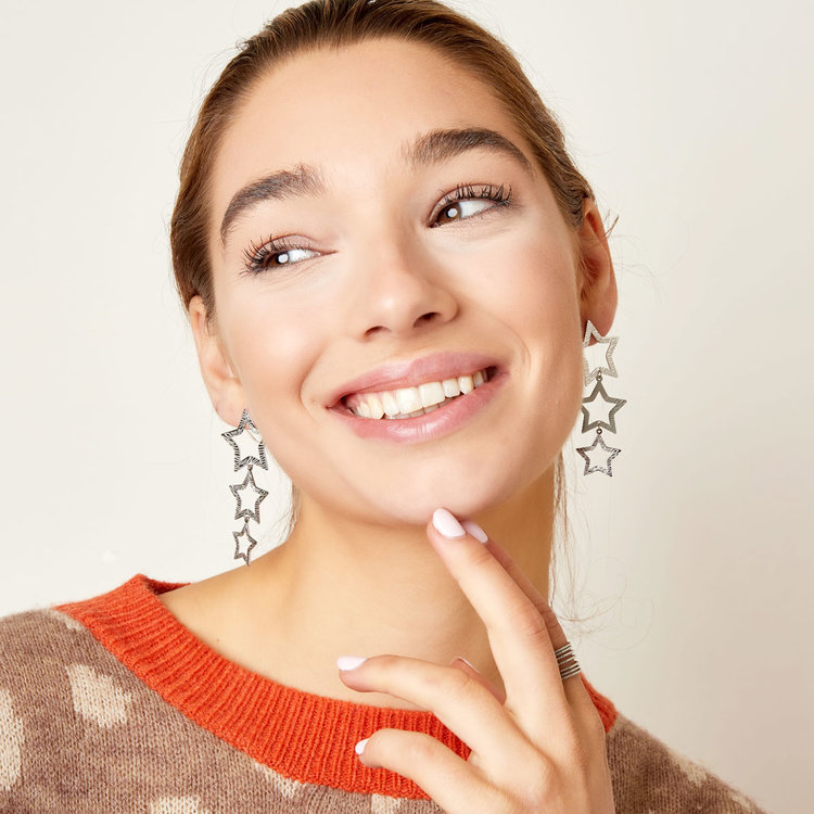 Silver Bold Triple Stars Textured Earrings