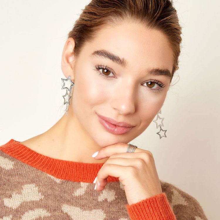 Silver Bold Triple Stars Textured Earrings