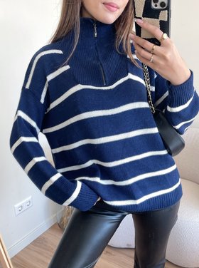 Minni Striped Zip Sweater / Navy