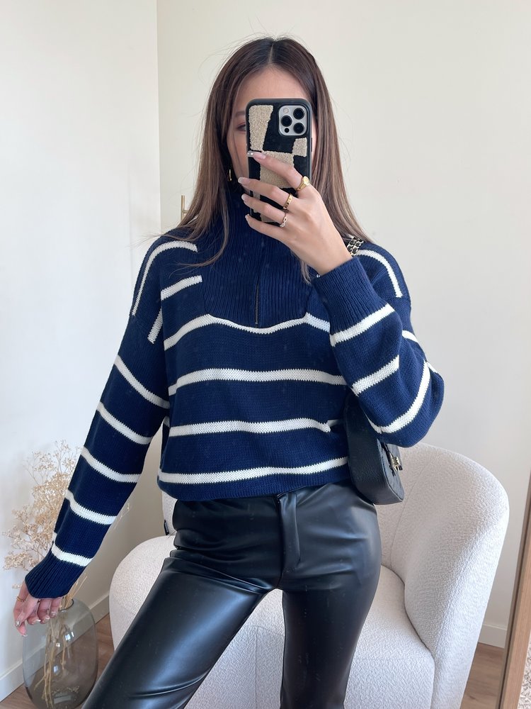 Minni Striped Zip Sweater / Navy