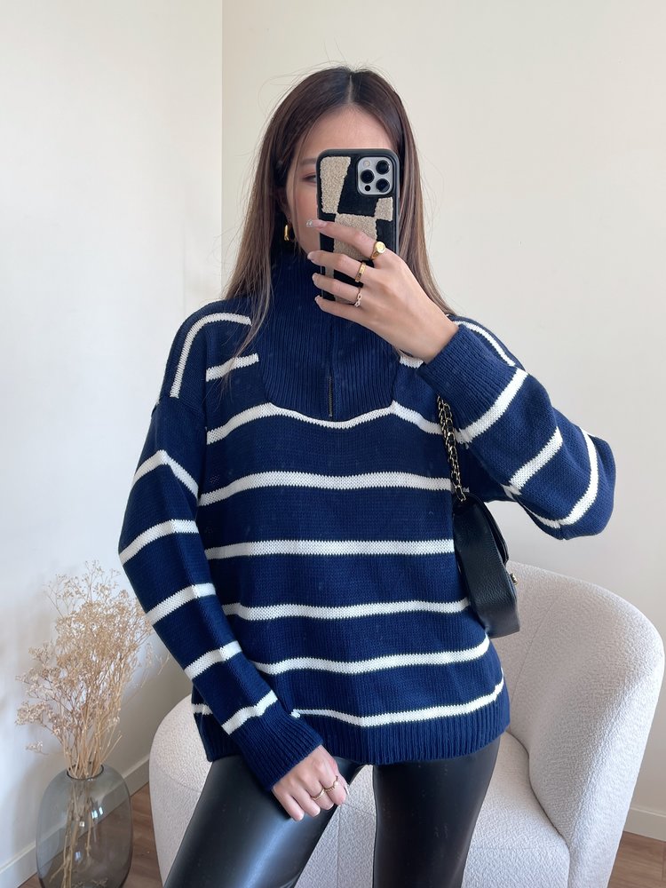 Minni Striped Zip Sweater / Navy