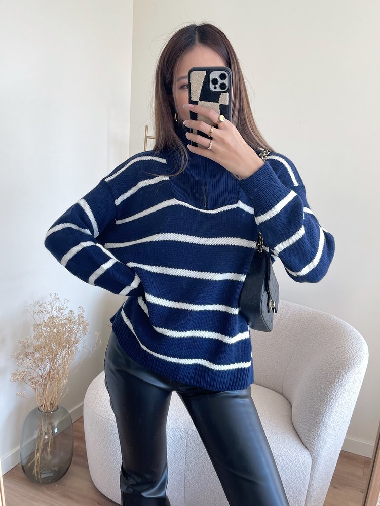 Minni Striped Zip Sweater / Navy