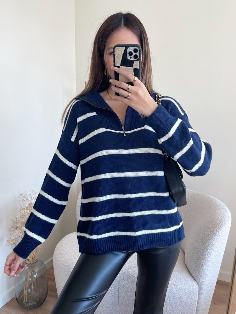 Minni Striped Zip Sweater / Navy