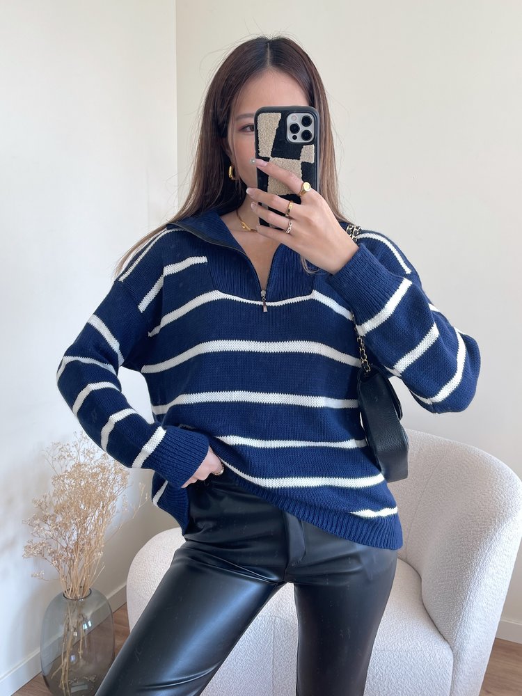 Minni Striped Zip Sweater / Navy