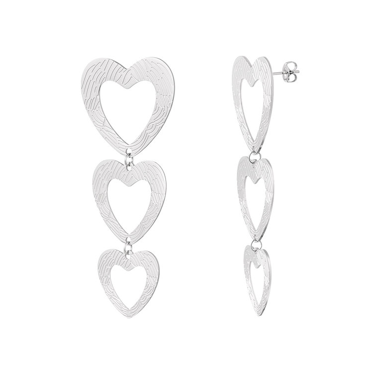 Silver Bold Triple Hearts Textured Earrings
