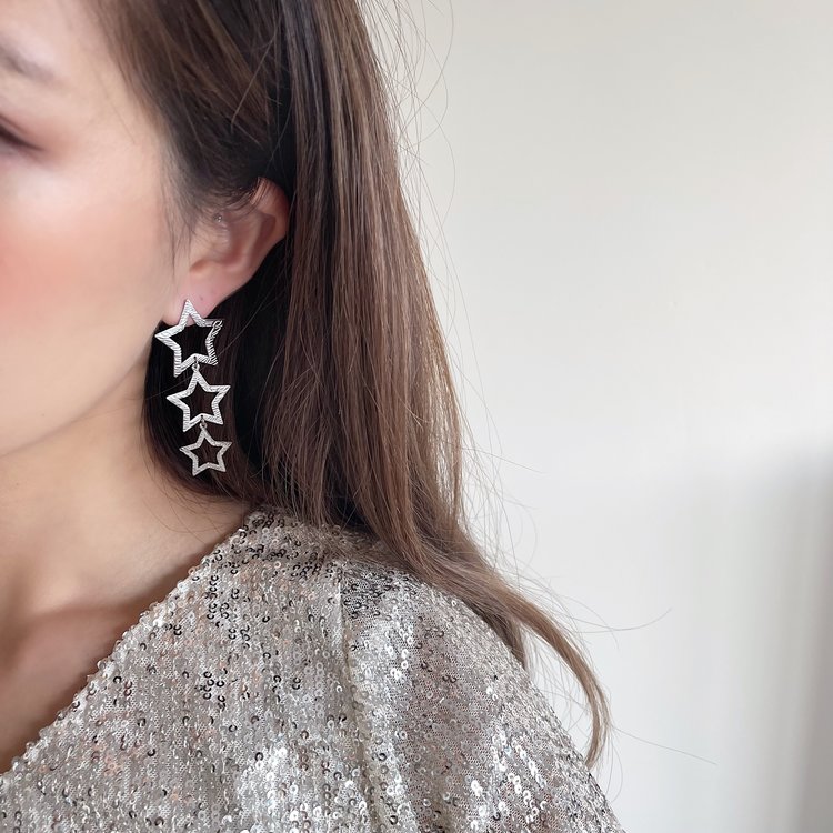 Silver Bold Triple Stars Textured Earrings