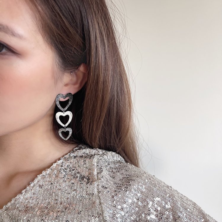 Silver Bold Triple Hearts Textured Earrings
