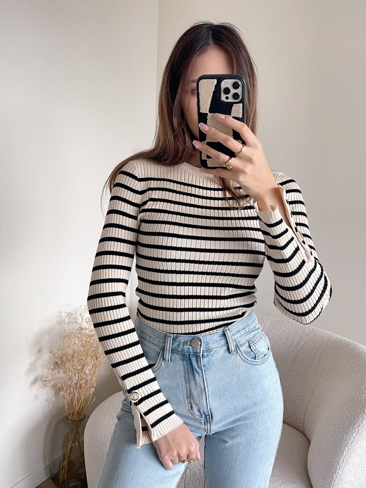 Esmee Ribbed Striped Top / Beige