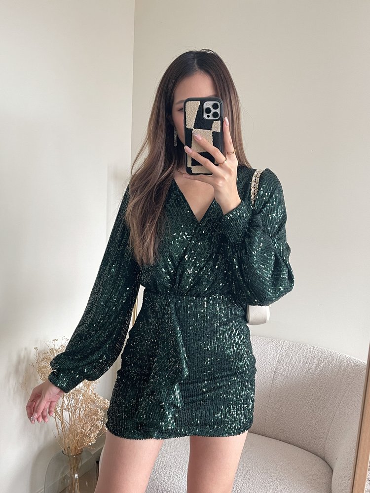 Reissa Sequin Dress / Dark Green