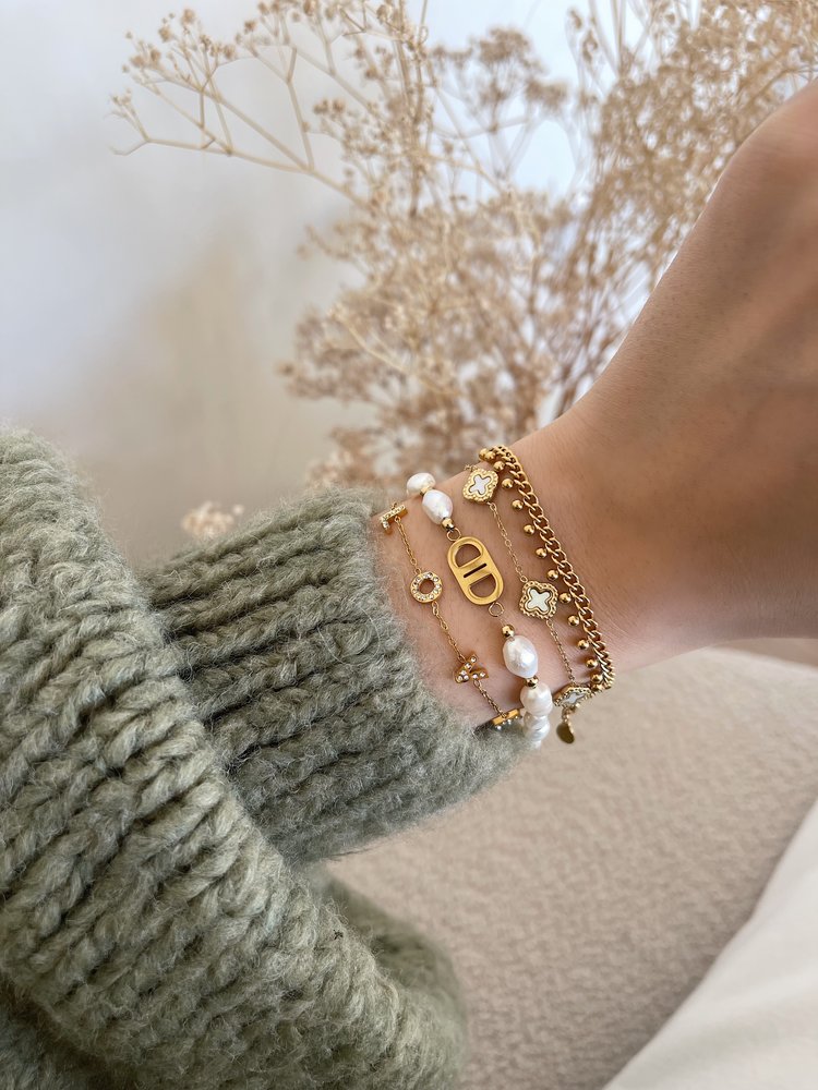 Gold Triple Clover Bracelet / White