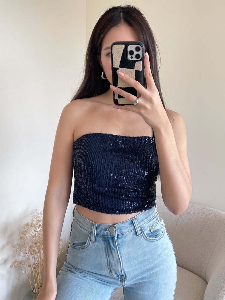 Quinta Sequin Tube Top / Navy Blue