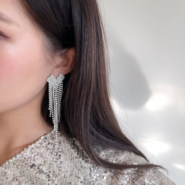 Silver Sparkle Rhinestone Heart Earrings