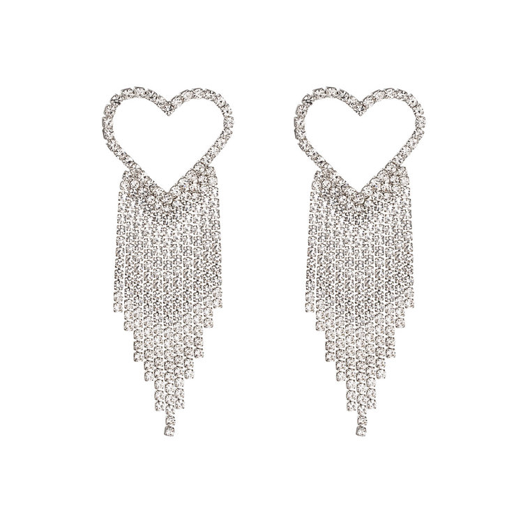 Silver Rhinestone Heart Dangle Earrings