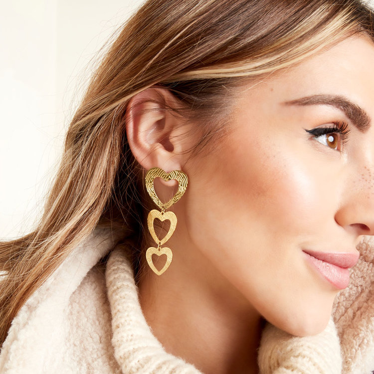 Gold Bold Triple Hearts Textured Earrings